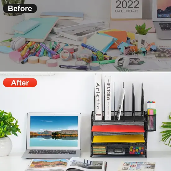 Marbrasse Desk Organizer with Drawer, 4-Tier Mesh Desk File Organizer with 5 Vertical File Holders and 2 Pen Holders, Multifunction Desktop Organizer {4}