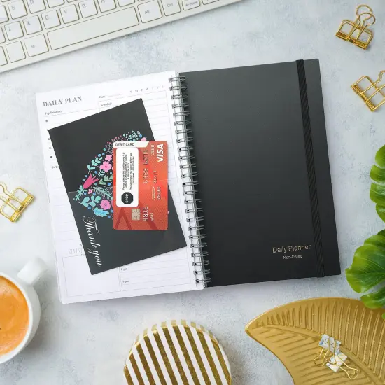 Daily Planner Undated, Asten To Do List Notebook Hourly Schedules Spiral Appointment Planner for Men and Women,PVC Hardcover,Elastic Closure, Inner Pocket 8.3" x 5.8" (Black) {2}