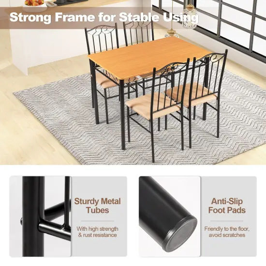 5 Pieces Dining Set Wooden Table and 4 Cushioned Chairs Set with Steel Tube {6}