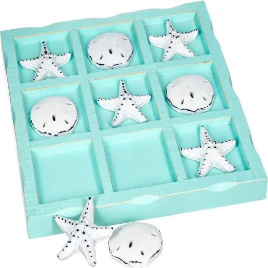 Beach Tic Tac Toe 9" X 9" Seafoam Blue Tic Tac Toe Decor Home W/White Resin Starfish & Sand Dollars Real Wooden Tic Tac Toe Tic Tac Toe Coffee Table Nautical D&eacute;cor {2}