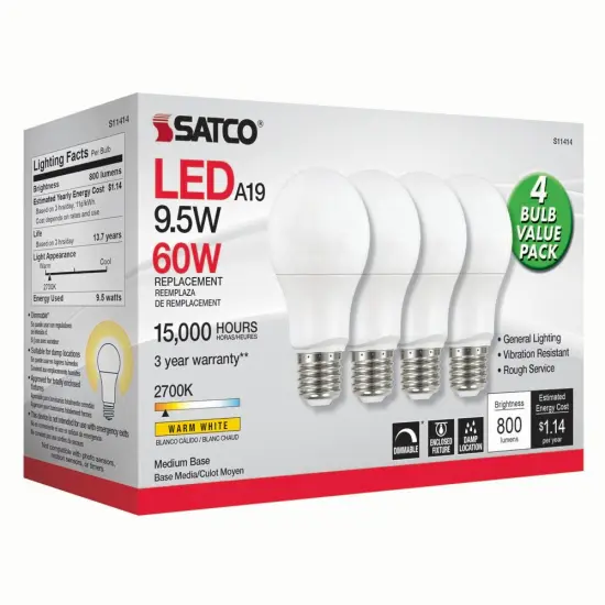 4Pk - Satco 9.5w 120v A19 LED Bulb E26 Medium Base 2700k Warm White - 60w-equiv {2}