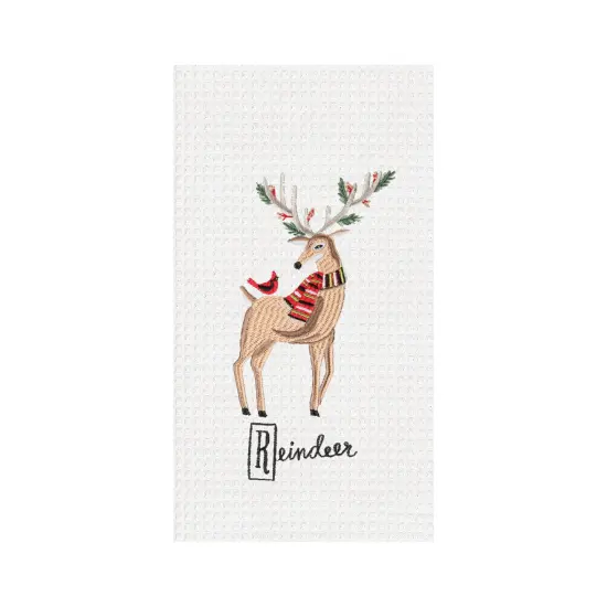 27" x 18" Christmas Winter Class Reindeer Cotton Embroidered & Waffle Weave Kitchen Dish Towel {1}