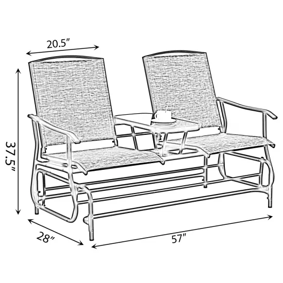 Two Person Outdoor Double Swing Glider Chair Set with Center Tempered Glass Table, Loveseat Lawn Rocker Bench {6}