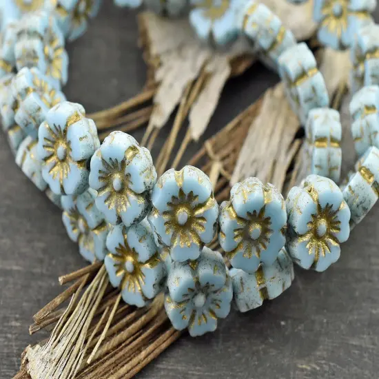 *16* 9mm Gold Washed Sky Blue Table Cut Hawaiian Flower Beads {2}
