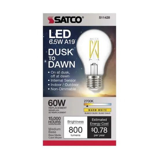 Satco 6.5w A19 LED Dusk to Dawn w/ PhotoCell 2700K Medium base 120v - 60w-equiv Warm White {2}