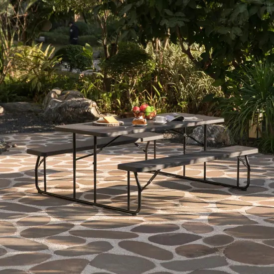 Outdoor Foldable Woodgrain Picnic Table Set with Metal Frame 6 Ft. Black {2}