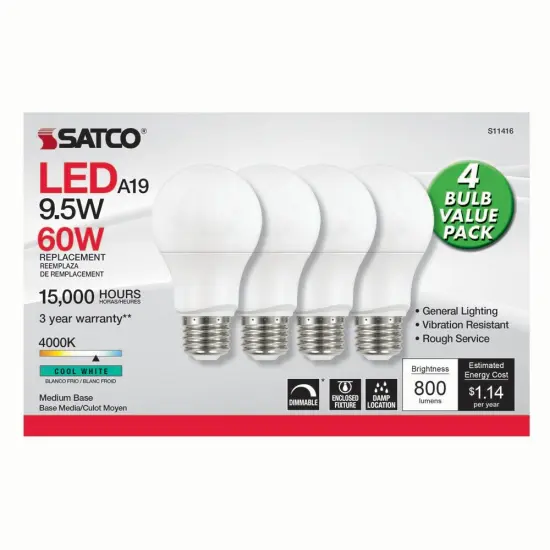 4Pk - Satco 9.5w 120v A19 LED Bulb E26 Medium Base 4000k Cool White - 60w-equiv {1}