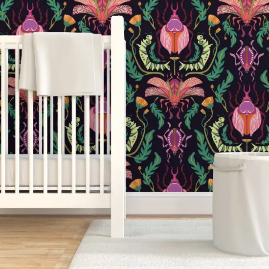 Pre-Pasted Wallpaper 2FT Wide Bugs Damask Nature Art Deco Garden Spring Kids Nouveau Black Pink Teal Beetles Dandelions Insects Caterpillar Custom Pre-pasted Wallpaper by Spoonflower {7}