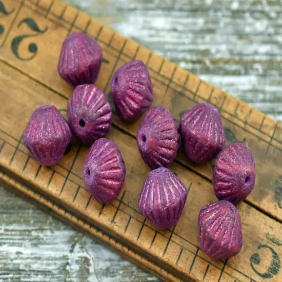*15* 11mm Pink Washed Etched Magenta Purple Carved Bicone Beads {3}