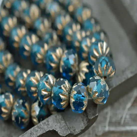 *25* 6x9mm Etched Gold Washed Pacific Blue Cruller Rondelle Beads {4}