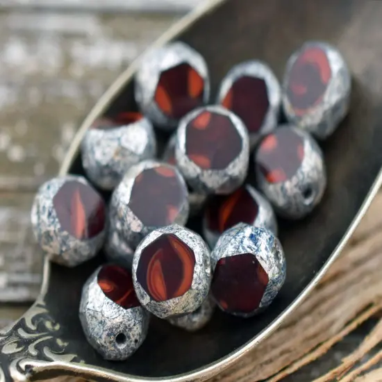 *15* 8mm Antique Silver Washed Lady Bug Red 2 Cut Fire Polished Faceted Round Beads {5}