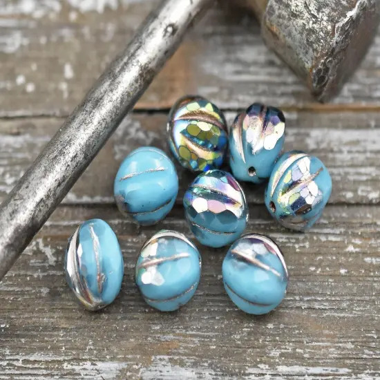 *12* 10mm Metallic Beige Washed Opaque Sky Blue AB Faceted Round Melon Beads {6}