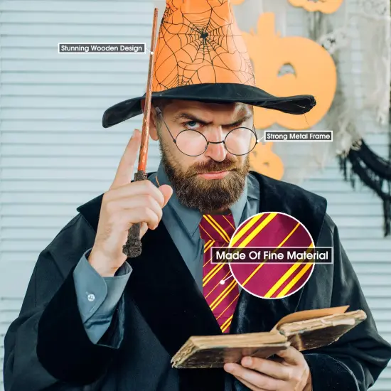 Skeleteen Wizard Costume Accessories Set - Nerd Circle Glasses, Red and Gold Tie and a Magic Wand Accessory Set for Kids and Adults {2}