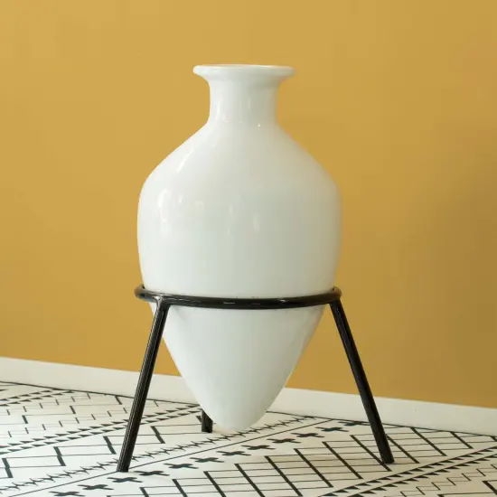 Antique Style Vase, Old Fashioned Magnificent Amphora, Decorative Large Tall Unique Vase on Slim Black Metal Tripod Stand, 32-Inch-Tall White vase, for kitchen Dining and Living Room, {5}