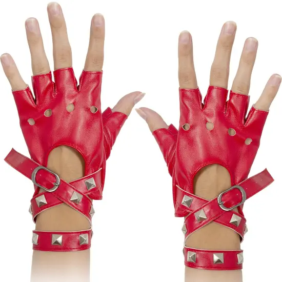 Fingerless Faux Leather Gloves - Red Biker Punk Gloves with Belt Up Closure and Rivet Design for Women and Kids {1}