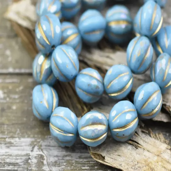 *10* 10mm Gold Washed Sky Blue AB Faceted Round Melon Beads {4}