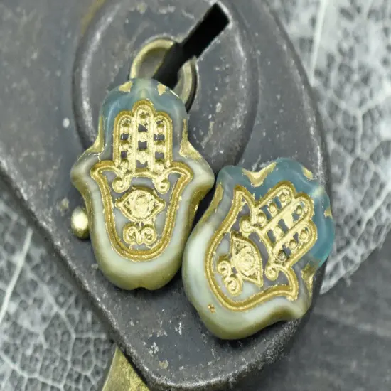 *10* 15x14mm Golden Bronze Washed Matte Beige Aqua Hamsa Hand Beads {2}