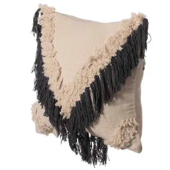 16" Handwoven Cotton Throw Pillow Cover with Embossed and Fringed Crossed line Charcoal with Cushion {1}