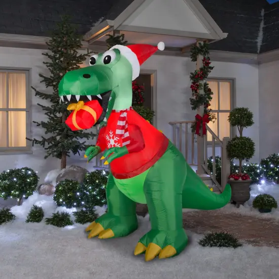 8.5' Gemmy Airblown Inflatable Christmas T-Rex Dinosaur w/ Gift 881903 {2}