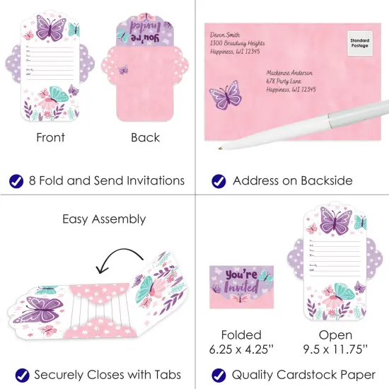 Big Dot of Happiness Beautiful Butterfly - Fill-In Cards - Floral Baby Shower or Birthday Party Fold and Send Invitations - Set of 8 {4}