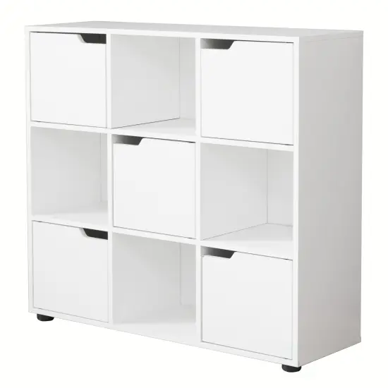 9 Cube Wooden Organizer With 5 Enclosed Doors and 4 Shelves White {1}