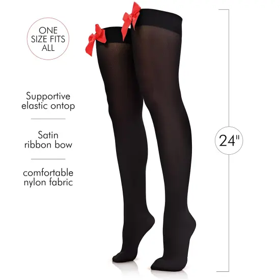 Bow Accent Thigh Highs - Black Over the Knee High Stockings with Red Satin Ribbon Bow Accent for Women and Girls {3}