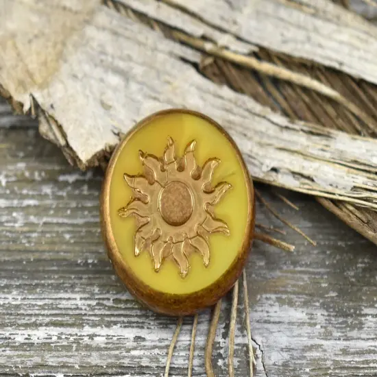 21mm Gold Washed Sunflower Yellow Opal Table Cut Sun Design Coin Beads - 2 Beads {3}