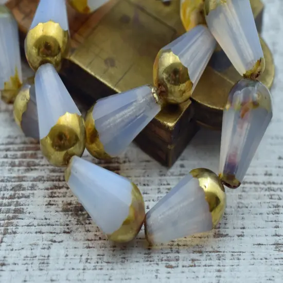 *8* 8x15mm Gold Tipped Milky White Picasso Faceted Drop Beads {4}