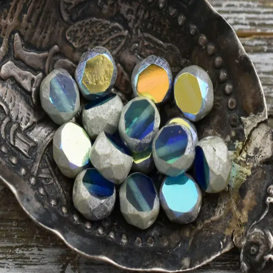 *15* 8mm Antique Silver Washed Sapphire Aqua AB 2 Cut Fire Polished Faceted Round Beads {6}