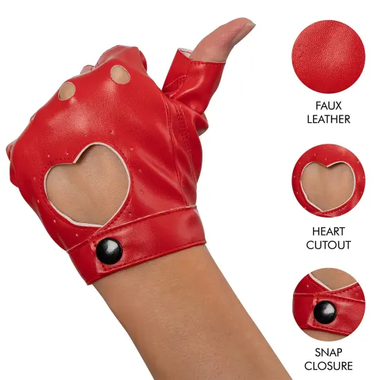 Fingerless Biker Jazz Gloves - 80s Style Gothic Red Faux Leather Punk Biker Gloves with Heart Cutout for Women and Kids {5}