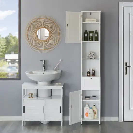 White Tall Standing Bathroom Linen Tower Storage Cabinet for Bathroom and Vanity {5}