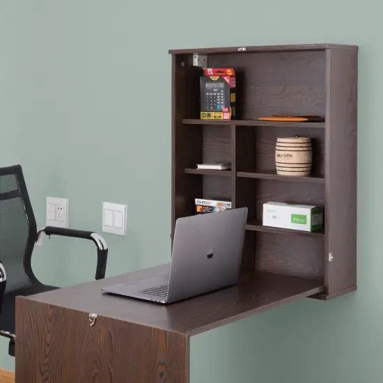 Wall Mount Laptop Fold-out Desk with Shelves Brown {4}