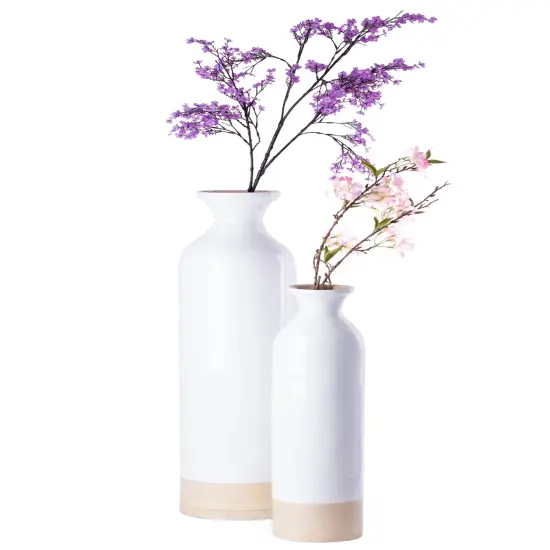 Elegant Black or White Cylinder Shaped Tall Spun Bamboo Floor Vases, Embellished with a Glossy Lacquer, and Enhanced with Natural Bamboo Finish - Stylish Home Decor, Heights of 31 and 23.5 Inches Set of 2 White {12}
