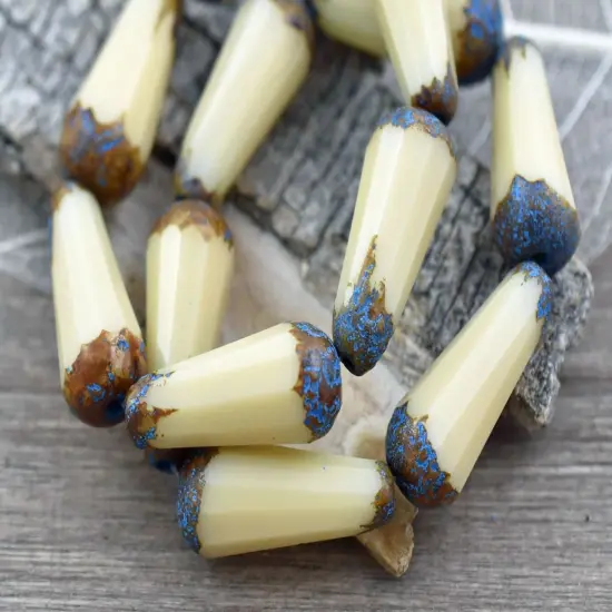 *6* 8x20mm Turquoise Etched Opaque Beige PIcasso Faceted Drop Beads {5}