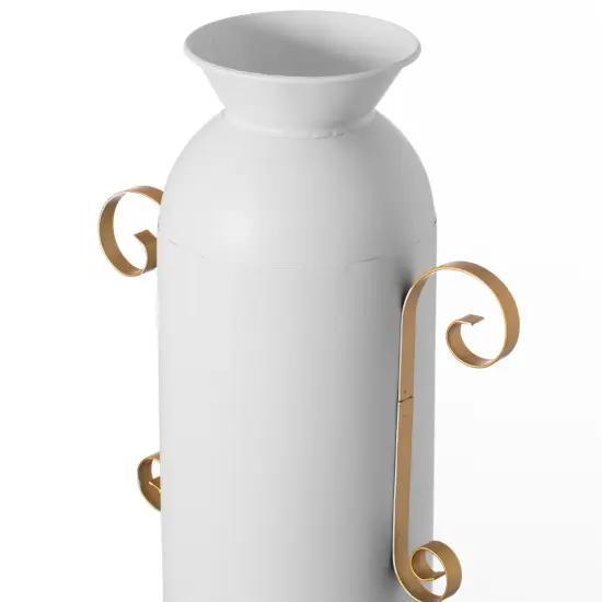 19.25 in Tall Decorative White Metal Floor Vase With 2 Gold Handles - Elegant Handcrafted Chic Vessel for Entryway, Living Room, or Dining Room - Modern Home Decor Accent - Tall Floor Standing Vase {6}