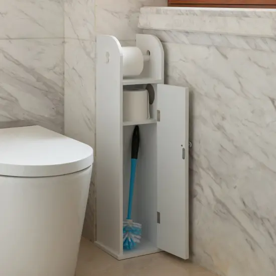 White Freestanding Bathroom Toilet Paper Roll Holder with Storage and Extra Slot For Tissue Roll {5}