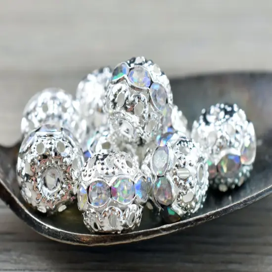 Bright Silver w/Crystal AB Rhinestone Filigree Round Beads -- Choose Your Size {1}
