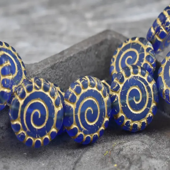 *2* 16mm Bronze Washed Matte Cobalt Spiral Coin Beads {4}