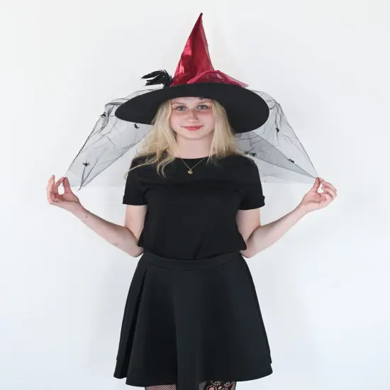 Deluxe Pointed Witch Hat - Glamorous Red Witches Accessories Fancy Satin Hat with Bow, Spiders and Black Feathers {4}