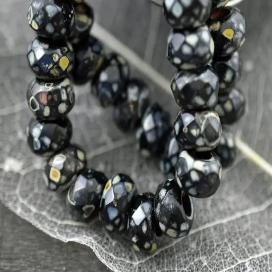 *25* 5x8mm Jet Picasso Faceted Large Hole Rondelle Roller Beads {5}