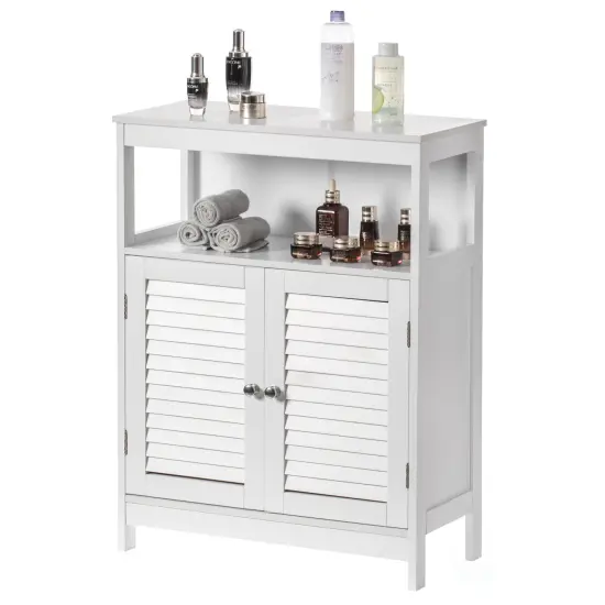 Wooden White Modern Storage Bathroom Vanity Cabinet with Adjustable Shelves and Two Horizontal Planks Design Doors {1}
