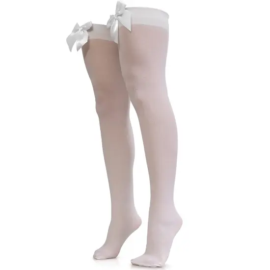 Bow Accent Thigh Highs - White Over the Knee High Stockings with White Satin Ribbon Bow Accent for Women and Girls {1}