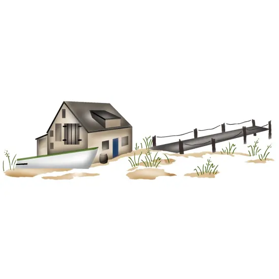 Pier Scene with Fishing Shack Wall Stencil | 2661 by Designer Stencils | Outdoor Stencils | Reusable Art Craft Stencils for Painting on Walls, Canvas, Wood | Reusable Plastic Paint Stencil for Home Makeover | Easy to Use & Clean Art Stencil {1}