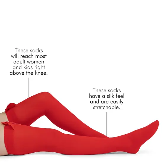 Bow Accent Thigh Highs - Red Over The Knee High Stockings with Red Satin Ribbon Bow Accent for Women and Girls {5}