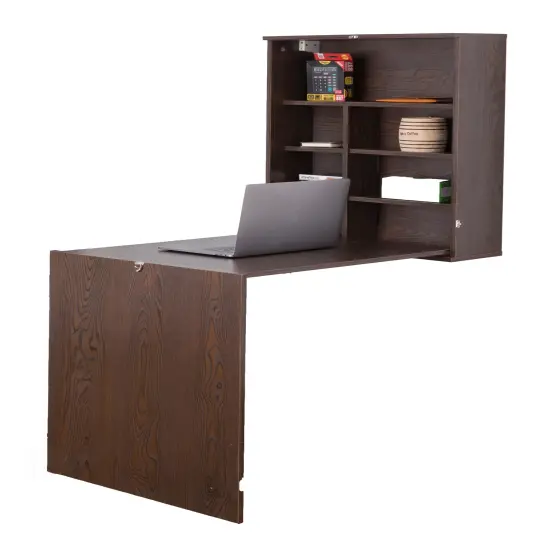 Wall Mount Laptop Fold-out Desk with Shelves Brown {1}