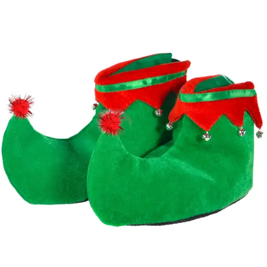Red Green Elf Shoes - Red and Green Velvet Holiday Elf Feet Slippers with Jingle Bells for Adults and Kids {1}