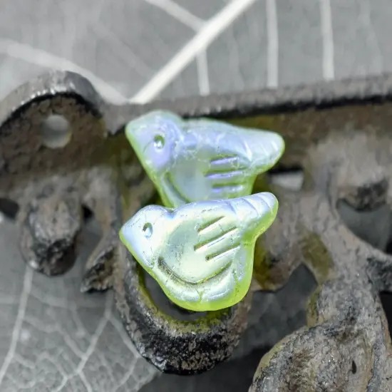 *6* 11x22mm Matte Green Apple AB Bird Beads {2}