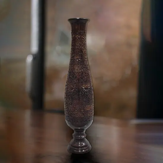 Antique Decorative Hand Curved Brown Mango Wood Floor Flower Vase Trumpet Design with Unique Textured Pattern, 36 Inch {5}