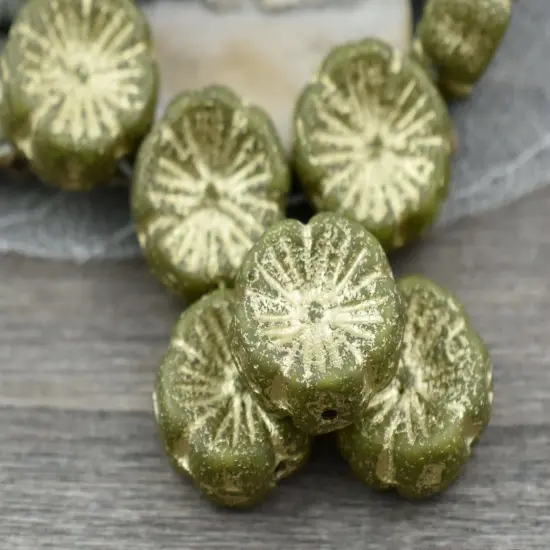 *10* 14mm Gold Washed Etched Olive Green Hawaiian Flower Beads {3}