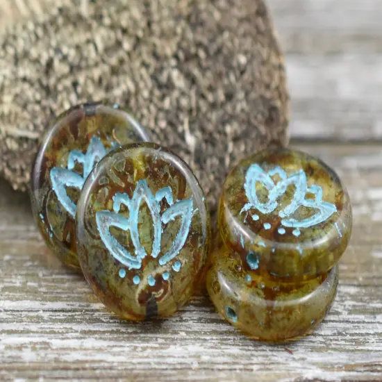 *12* 14mm Turquoise Washed Amber Picasso Lotus Flower Coin Beads {3}